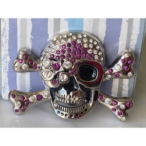 Rhinestone Skull and Crossbones Belt Buckle Silver Purple Crystal Goth Punk Rock